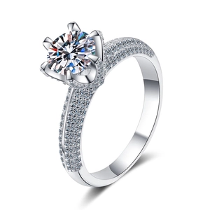 Luxury S925 sterling silver moissanite ring with six-prong setting and side accents