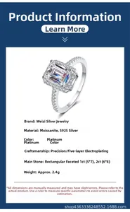 Dettagli tecnici dell'anello in argento S925 con moissanite taglio smeraldo