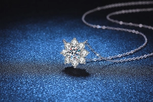 Macro shot of silver sunflower pendant necklace with sparkling moissanite main stone