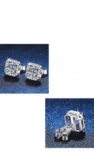 Detail view of square princess cut moissanite earrings in 925 sterling silver halo setting