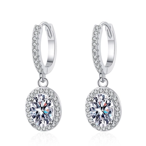 Classic oval moissanite hoop earrings with halo setting in S925 sterling silver