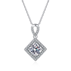 Geometric square S925 sterling silver necklace with a brilliant round moissanite pendant