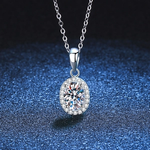 925 Sterling Silver Moissanite Necklace Elegant Oval Cut Halo Pendant White Gold Plated Geometric Necklaces For Women Jewelry