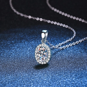 Oval cut moissanite halo pendant necklace in S925 sterling silver with a fine chain