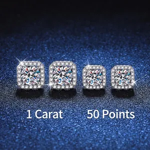Square Halo Moissanite Stud Earrings With 925 Sterling Silver Earring Post Sparkling Rhinestone Wedding Jewelry For Women