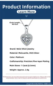 Detailed specs for s925 silver heart necklace with 1ct moissanite and platinum plating
