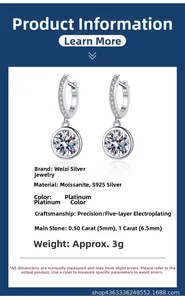Detailed specs of s925 silver moissanite earrings showing 0.5ct and 1ct size comparison