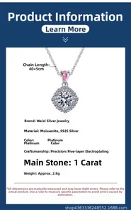 Détails du collier en argent S925 avec moissanite 1 carat et chaîne réglable 40+5cm