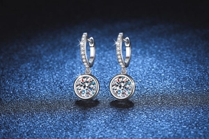 Macro detail of S925 sterling silver moissanite earrings with brilliant round cut stones