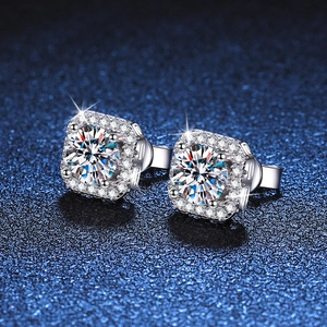 Square halo stud earrings featuring brilliant round moissanite in S925 sterling silver