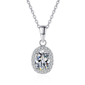 S925 sterling silver necklace featuring an oval-cut moissanite pendant with halo setting