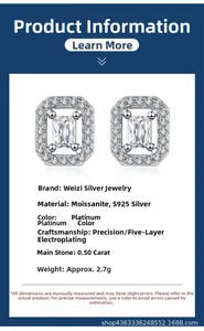 Detail of S925 silver rectangle halo moissanite stud earrings with platinum plating
