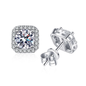 Luxurious S925 sterling silver halo stud earrings with round moissanite and square frame