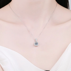 Classic S925 silver necklace featuring 1-carat round moissanite in square halo setting