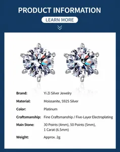 Specifiche dei punti luce in argento S925 moissanite con dimensioni pietre e placcatura platino