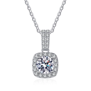 Classic S925 sterling silver square halo necklace with 1 carat round moissanite pendant