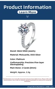 Détail d'une pierre moissanite de 2 carats avec serti classique à six griffes sur bague argent
