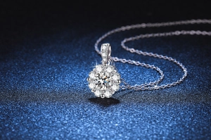 Macro shot of S925 sterling silver sunflower pendant with shimmering moissanite stones