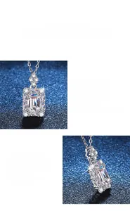 Détail du pendentif en moissanite taille émeraude avec halo et base en argent ajourée