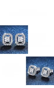 Macro detail of rectangle halo moissanite earrings with 925 silver finish and diamond side stones
