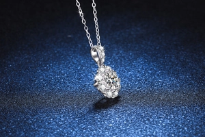 Close-up of S925 sterling silver sunflower pendant with 1ct moissanite and pave zircons
