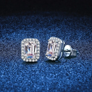 S925 Sterling Silver Moissanite Stud Earrings For Women Emerald Radiant Cut D Color Halo Gemstone Luxury Jewelry Earring