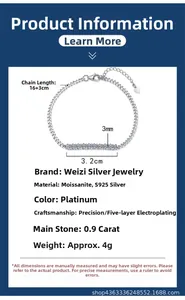 Detail view of S925 silver moissanite bracelet with dimensions and 0.9ct stone specs