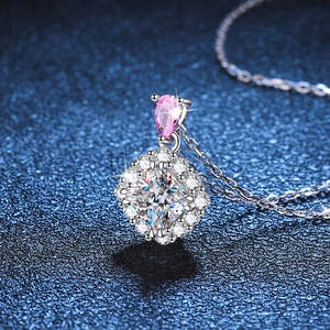 Collier en argent S925 avec pendentif moissanite carrée et pierre précieuse rose poire