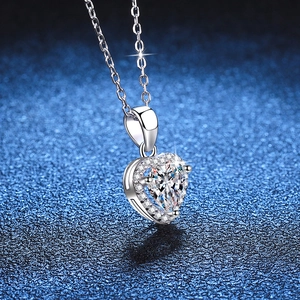 Elegant S925 sterling silver heart halo necklace with 1 carat moissanite and pave stones