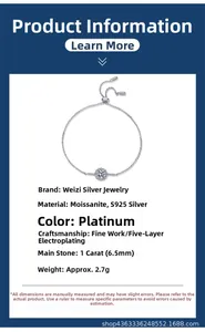 Vue détaillée du bracelet en argent S925 avec moissanite 1 carat et pierre ronde 6,5mm