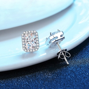 Elegant S925 sterling silver stud earrings with emerald cut moissanite in halo setting