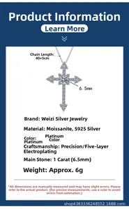Detail view of 1 carat moissanite cross necklace with s925 silver plating specifications
