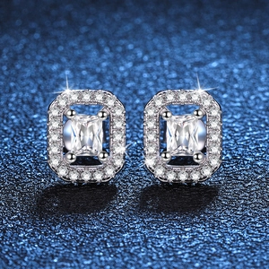 Elegant S925 sterling silver rectangular halo moissanite stud earrings in D color