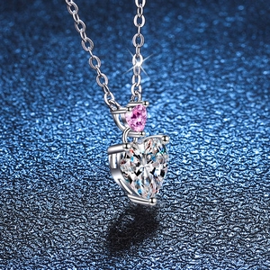 S925 silver double heart necklace with D color moissanite and pink heart pendant