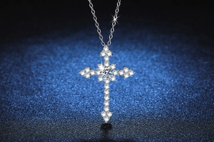 Macro shot of silver S925 cross pendant necklace with sparkling moissanite stones