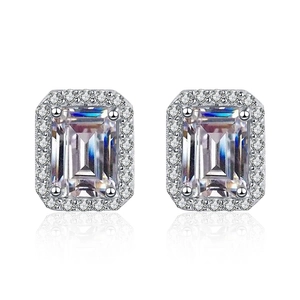 Halo stud earrings with emerald cut moissanite set in polished S925 sterling silver