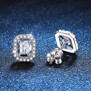 Rectangle S925 sterling silver halo moissanite stud earrings with platinum plating