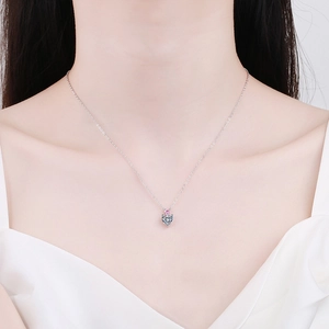 S925 sterling silver necklace featuring double heart blue and pink moissanite pendant