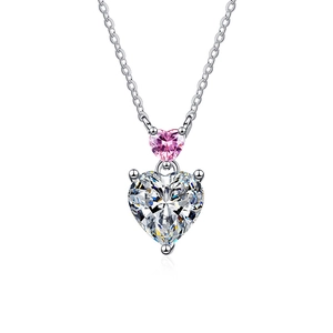 S925 silver necklace featuring romantic pink and white double heart-shaped moissanite stones