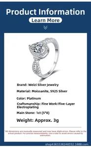 Detailed size chart for 1ct pear-cut moissanite S925 sterling silver ring in platinum color