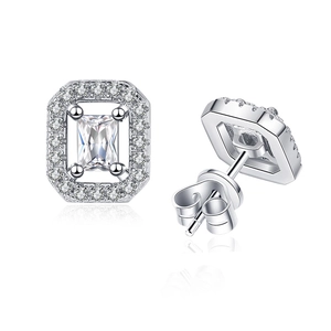 S925 sterling silver emerald cut moissanite halo stud earrings with butterfly backs
