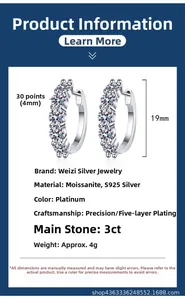 Détails des boucles d'oreilles créoles en argent S925 avec pierres moissanite 3ct