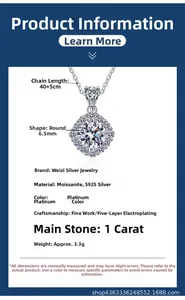 Detail showing S925 silver necklace specifications and a 1 carat moissanite pendant