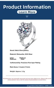 Fiche technique détaillée pour bague en argent S925 et moissanite 5 carats de 11 mm