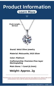Vue détaillée du pendentif moissanite 1ct et chaîne en argent S925 avec spécifications