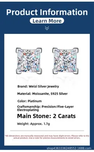 Detail showing 2ct princess cut moissanite earrings with S925 silver 5-layer plating