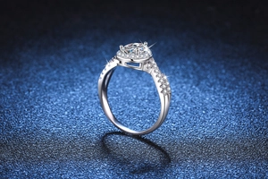 Macro side view of S925 sterling silver ring with halo pear cut moissanite detail