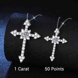 S925 Sterling Silver Moissanite Cross Pendant Necklace Pave Rhinestone Religious Commute Fashion Jewelry Gift For Unisex