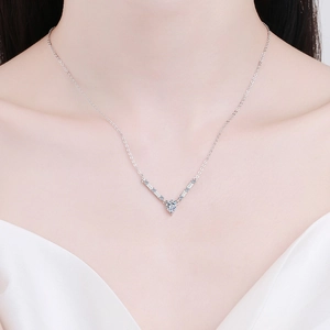 Elegant S925 sterling silver necklace with a heart-shaped moissanite pendant on a model