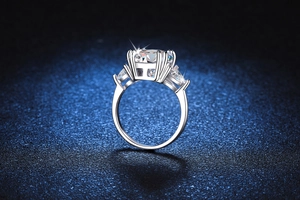 Détail d'une bague moissanite de 5 carats avec pierres latérales sur fond bleu texturé